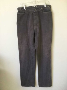 WAH MAKER, Charcoal Gray, Gray, Cotton, Stripes, Working Class Pants, Striped Cotton Twill, Studded Button Fly & Suspender Buttons. 4 Pockets. Adjustable Waist at Center Back. Lightly Faded with Discolouring at Crotch Front,