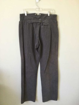 WAH MAKER, Charcoal Gray, Gray, Cotton, Stripes, Working Class Pants, Striped Cotton Twill, Studded Button Fly & Suspender Buttons. 4 Pockets. Adjustable Waist at Center Back. Lightly Faded with Discolouring at Crotch Front,