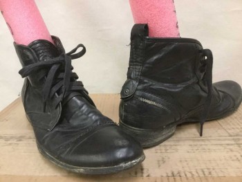WOOLWORTH, Black, Leather, Solid, Cap Toe, Ankle Boots, Lace Up
