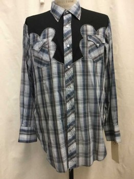 Mens, Western, H BAR C, Gray, Navy Blue, Red, Black, White, Cotton, Polyester, Plaid, 35, 17, Gray/navy/red/black/white Plaid, Snap Front, Collar Attached, Long Sleeves, Black Western Yolk