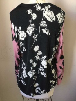 Womens, Sweater, MARINA RINALDI, Pink, Ivory White, Black, Acrylic, Wool, Floral, 14, Button Front, Long Sleeves, Back is Black and Ivory Floral Print