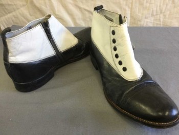 STACY ADAMS, Black, White, Leather, Color Blocking, Cap Toe, Ankle High, Side Zip, White Spat with Faux Button Detail,