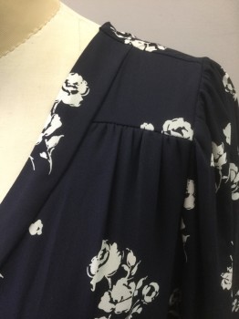 Womens, Dress, Long & 3/4 Sleeve, HONEY PUNCH, Navy Blue, White, Polyester, Floral, M, Navy with White Roses Pattern Chiffon, Long Sleeves, Wrapped V-neck, Elastic Waist, Hem Above Knee **Barcode Located Behind the Crossover of Wrap Neck