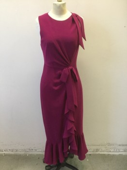 CINC A SEPT, Magenta Purple, Acetate, Polyester, Solid, Crepe, Sleeveless, Round Neck, Self Bow Detail at Shoulder, Ruched Panel at Side Front, with Self Bow at Side Waist, Vertical Ruffle From Side Waist to Hem, Mermaid Ruffles at Hem, Ankle Length