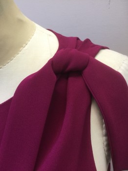 CINC A SEPT, Magenta Purple, Acetate, Polyester, Solid, Crepe, Sleeveless, Round Neck, Self Bow Detail at Shoulder, Ruched Panel at Side Front, with Self Bow at Side Waist, Vertical Ruffle From Side Waist to Hem, Mermaid Ruffles at Hem, Ankle Length