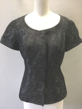 Womens, Suit, Jacket, HILTON HOLLIS, Black, Silver, Gray, Acetate, Cotton, Stripes - Static Stripe, Stripes - Horizontal , 0, Black with Metallic Gray/Silver Horizontal Streaks, Short Sleeves, Scoop Neck, Folded Cuffs, 4 Large Snap Closures at Front