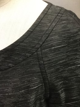 HILTON HOLLIS, Black, Silver, Gray, Acetate, Cotton, Stripes - Static Stripe, Stripes - Horizontal , Black with Metallic Gray/Silver Horizontal Streaks, Short Sleeves, Scoop Neck, Folded Cuffs, 4 Large Snap Closures at Front