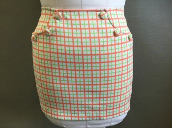 NISTKA, Off White, Orange, Lime Green, Polyester, Plaid - Tattersall, Stretch Material, Mini Skirt, 2 Faux Curved "Pockets" at Sides with Decorative Self Covered Buttons, Invisible Zipper at Center Back, 1990's Does Mod 60's Retro