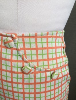 NISTKA, Off White, Orange, Lime Green, Polyester, Plaid - Tattersall, Stretch Material, Mini Skirt, 2 Faux Curved "Pockets" at Sides with Decorative Self Covered Buttons, Invisible Zipper at Center Back, 1990's Does Mod 60's Retro
