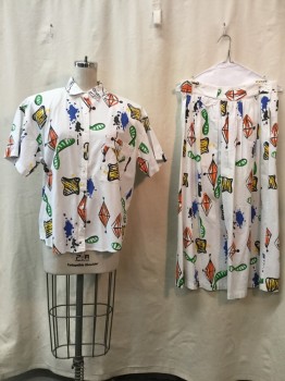 Womens, 1980s Vintage, Top, CHEZ T, White, Blue, Green, Yellow, Orange, Cotton, Abstract , S, Button Front, Collar Attached, 1 Pocket, Short Sleeves, Shoulder Pads