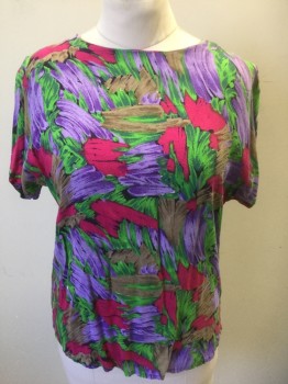NEN'S COLLECTION, Multi-color, Purple, Fuchsia Pink, Green, Lt Brown, Rayon, Abstract , Abstract Colorful Brushstrokes Pattern, Short Dolman Sleeves, Round Neck, Buttons in Back,
