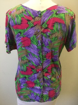 Womens, Top, NEN'S COLLECTION, Multi-color, Purple, Fuchsia Pink, Green, Lt Brown, Rayon, Abstract , B:40, Abstract Colorful Brushstrokes Pattern, Short Dolman Sleeves, Round Neck, Buttons in Back,