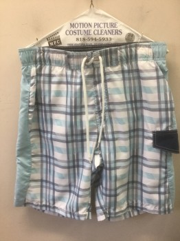 Mens, Swim Trunks, SONOMA, Lt Blue, White, Navy Blue, Turquoise Blue, Polyester, Plaid-  Windowpane, S, Elastic Waist with White Lacings/Ties at Center Front, Light Blue and Navy Stripes at Outseam, 1 Cargo Pocket at Hip, 9.5" Inseam