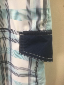 Mens, Swim Trunks, SONOMA, Lt Blue, White, Navy Blue, Turquoise Blue, Polyester, Plaid-  Windowpane, S, Elastic Waist with White Lacings/Ties at Center Front, Light Blue and Navy Stripes at Outseam, 1 Cargo Pocket at Hip, 9.5" Inseam