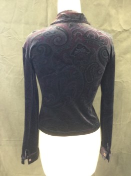 Womens, Blouse, C. C. OUTLAW, Aubergine Purple, Gray, Green, Purple, Cotton, Lycra, Paisley/Swirls, S, Stretch Velvet, Button Front, Collar Attached, Long Sleeves, Button Cuff