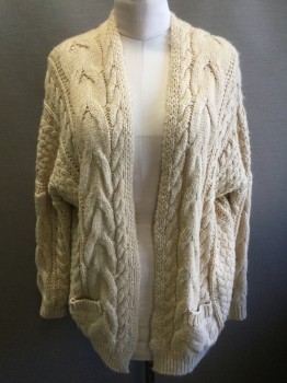 Womens, Sweater, N/L, Beige, Acrylic, Cable Knit, M/L, No Closures, 2 Pockets,
