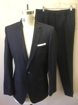 HUGO BOSS, Navy Blue, Wool, Speckled, Solid, Single Breasted, Notched Lapel, 2 Buttons, 3 Pockets, White Faux "Handkerchief" Cotton Panel Sewn on Chest Pocket