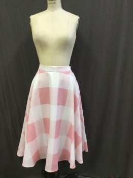 Womens, Skirt, Knee Length, SHEIN, Pink, White, Synthetic, Check , XS, W26, Large Scale Check Print, 1/4 Circular Cut. Zipper Center Back,