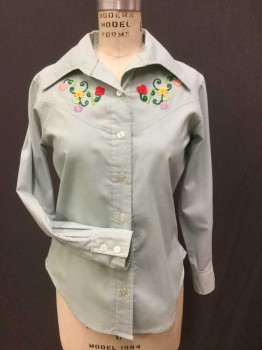 N/L, Mint Green, Red, Green, Yellow, Pink, Poly/Cotton, Acrylic, Floral, Solid, Wide Collar, Button Front, Long Sleeves, Floral Embroidery Multi Color at Yoke Front
