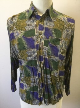 NEXT ORIGINAL, Multi-color, Olive Green, Purple, Mustard Yellow, Beige, Rayon, Abstract , Funky Artsy Pattern, Long Sleeve Button Front, Collar Attached, 1 Patch Pocket, Embossed Metal Buttons,
