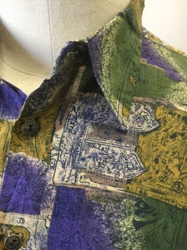 NEXT ORIGINAL, Multi-color, Olive Green, Purple, Mustard Yellow, Beige, Rayon, Abstract , Funky Artsy Pattern, Long Sleeve Button Front, Collar Attached, 1 Patch Pocket, Embossed Metal Buttons,