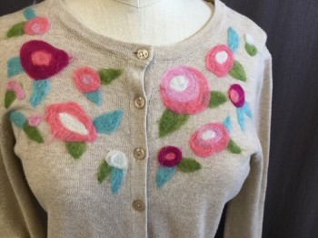 Womens, Sweater, TABITHA, Lt Brown, Fuchsia Pink, Salmon Pink, Aqua Blue, Lime Green, Cotton, Heathered, Floral, M, Ribbed Round Neck/ Long Sleeves 's Cuffs & Hem,  Button Front