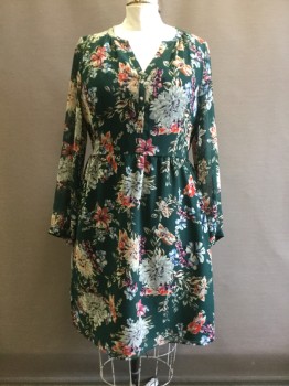 Womens, Dress, Long & 3/4 Sleeve, A NEW DAY, Dk Green, Gray, Beige, Red, Lt Blue, Polyester, Floral, XXL, Sheer Floral Layer Over Solid Green Lining, 1/2 Button Front, Band Collar, Sheer Long Sleeves, Gathered Waist, V-neck