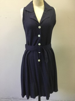 SARIN NY, Navy Blue, Rayon, Polka Dots, Sleeveless, Button Front, 5 White Plastic Buttons, Matching Belt, Notched Lapel, Pockets