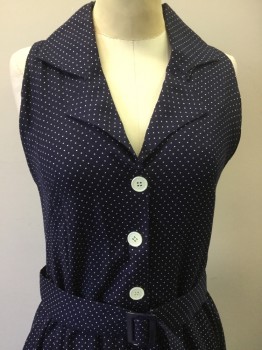 SARIN NY, Navy Blue, Rayon, Polka Dots, Sleeveless, Button Front, 5 White Plastic Buttons, Matching Belt, Notched Lapel, Pockets