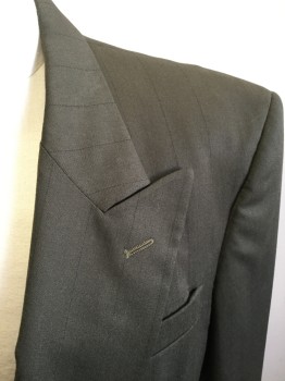 Mens, 1980s Vintage, Suit, Jacket, ADOLFO, Dk Green, Black, Wool, Stripes - Pin, 40R, Double Breasted, Collar Attached, Peak Lapel, 3 Pockets,