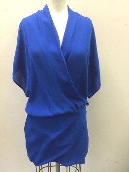 MASON, Royal Blue, Silk, Solid, Dolman Short Sleeves, Wrapped V-neck, Oversized/Blousy Top Half with Form Fitting Bottom, Mini-Length, with Wrapped Front
