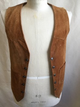 Mens, Vest, LEATHERLAND, Camel Brown, Leather, Solid, 38, Rough Leather with Shinny Peachy-brown Lining, V-neck, Western Yoke Front & Back, Single Breasted,  5 Brass Snap Front, 2 Pockets