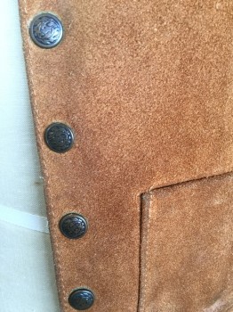 Mens, Vest, LEATHERLAND, Camel Brown, Leather, Solid, 38, Rough Leather with Shinny Peachy-brown Lining, V-neck, Western Yoke Front & Back, Single Breasted,  5 Brass Snap Front, 2 Pockets