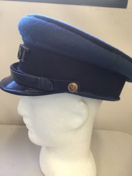 Mens, Uniform, P3, N/L MTO, Blue, Wool, Solid, 22 3/8, 1930'S POSTAL UNIFORM HAT. Blue Wool Hat with Black Patent Visor. Black Twill Band with POST in Brass in Center Forehead