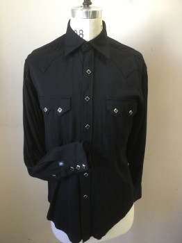Mens, Western, ROCKMOUNT, Black, Rayon, Solid, 14.5, Small, 32/33, Black Diamond Snap Front, 2 Double Point Pockets, Long Sleeves,
