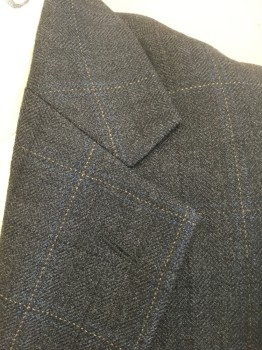 Mens, Sportcoat/Blazer, PRONTO UOMO, Dk Gray, Blue, Lt Gray, Wool, Plaid - Tattersall, Herringbone, 36R, Dark Gray Faint Herringbone with Blu Eand Light Gray Dashed Tattersall Lines, Single Breasted, Notched Lapel, 2 Buttons, 3 Pockets