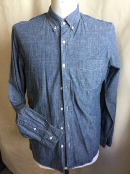 J. CREW, Blue, Cotton, Solid, (DOUBLE)  Blue Chambray, Collar Attached with Button Down,  Button Front, 1 Pocket, Long Sleeves,