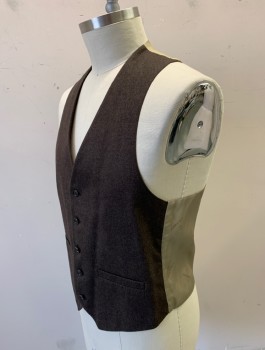 Mens, 1990s Vintage, Suit, Vest, NINO CERRUTI, Brown, Wool, Solid, 41, 5 Buttons, V-neck, 2 Welt Pockets, Beige Lining and Back