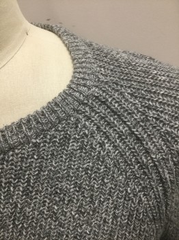 Mens, Pullover Sweater, J.CREW, Heather Gray, Cotton, Speckled, L, Ribbed Knit with Various Shades of Gray Yarns, Long Sleeves, Raglan Sleeves, Wide/Stretched Out Crew Neck