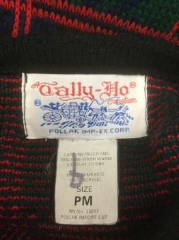 Womens, Sweater, TALLY HO, Navy Blue, Dk Green, Red, Black, Acrylic, Plaid, P M, Long Sleeves, Black Edging Trim, 6 Gold Embossed Buttons, 2 Welt Pockets, Round Neck,