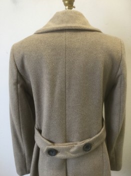 N/L, Taupe, Wool, Solid, Double Breasted, Shawl Collar, 2 Flap Pockets, Self Belt Attached at Center Back Waist, Just Below Hip Length, Dark Brown Self Stripe Lining