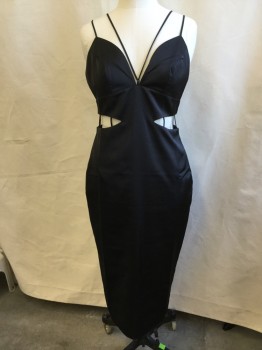 Womens, Evening Gown, KENDALL & KYLIE, Black, Polyester, Solid, H38, B38, Deep V-neck, Cut Out with Spaghetti Straps Detail Work, 3/4 Length, with High Split Center Back Hem, Zip Back