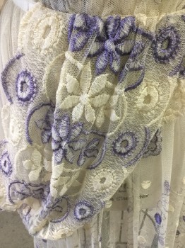 MTO, Ivory White, Lavender Purple, Polyester, Floral, Crew Neck with Lace Trim, Sheer Mesh,  Lavender and Ivory Lace 3/4 Sleeves and Panel Sash at Waist, Floating Balloon Pattern,