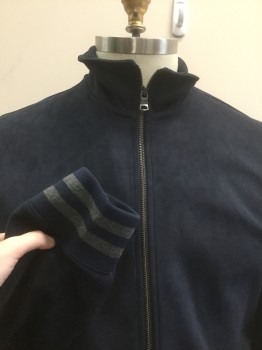 Mens, Casual Jacket, BANANA REPUBLIC, Navy Blue, Gray, Polyester, Spandex, Solid, XL, Dark Navy Polyester Microsuede, Zip Front, Stand Collar, Rib Knit Navy and Gray Stripe Cuffs and Waistband, 2 Pockets