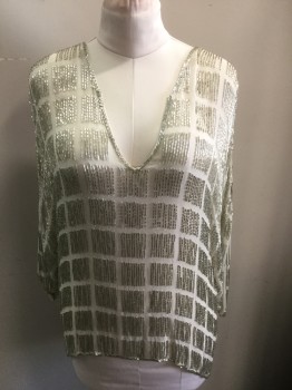 Womens, Evening Tops, N/L, Beige, Silver, Silk, Geometric, B42, Large, Pullover, V-neck, Bugle Beads in Squares. 3/4 Sleeves,
