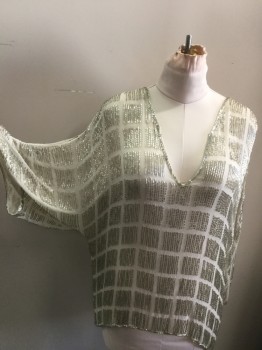 Womens, Evening Tops, N/L, Beige, Silver, Silk, Geometric, B42, Large, Pullover, V-neck, Bugle Beads in Squares. 3/4 Sleeves,