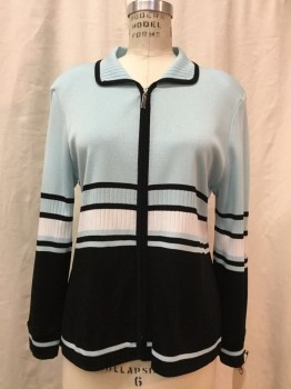 MARIE ST MONET, Baby Blue, Black, White, Acrylic, Stripes, Baby Blue/ Black/ White Stripes, Zip Front, Collar Attached, Shoulder Pads