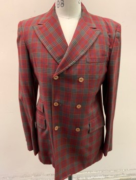 HERBERT'S, Maroon Red, Navy Blue, Brown, Cotton, Plaid - Tattersall, Double Breasted, Peaked Lapel, 3 Pockets Plus 1 Faux "Pocket" Flap,