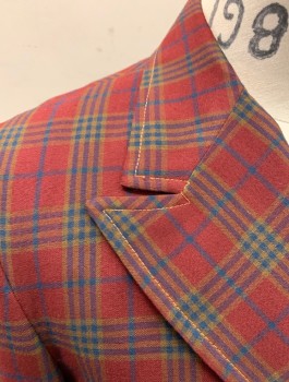 Mens, Blazer/Sport Co, HERBERT'S, Maroon Red, Navy Blue, Brown, Cotton, Plaid - Tattersall, 38R, Double Breasted, Peaked Lapel, 3 Pockets Plus 1 Faux "Pocket" Flap,