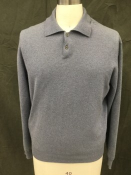 Mens, Pullover Sweater, AUTUMN CASHMERE, Lt Blue, Cashmere, Heathered, M, Diagonal Knit, Polo Style, Long Sleeves, 2 Buttons,  Ribbed Knit Collar Attached, Ribbed Knit Cuff/Waistband